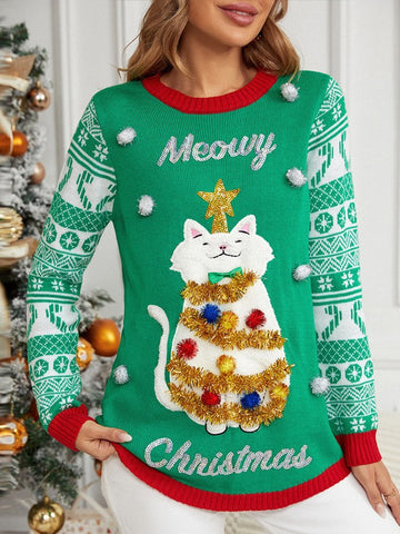 Woochic pull de Noël broderie motif chaton vert S